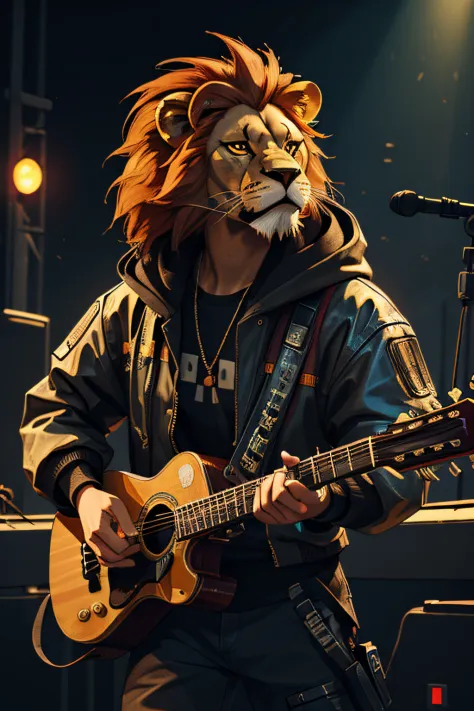 ((best quality)),((masterpiece)),cyberpunk,a lion playing guitar in a vocal concert,dramatic atmosphere,