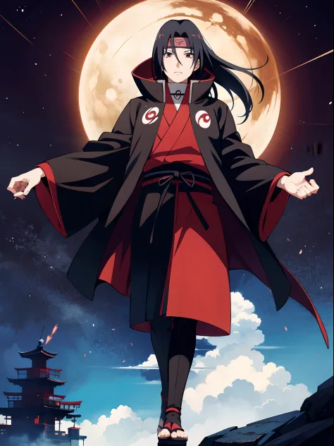 uchiha itachi wearing a akatsuki coat, full body with still standing pose, see at the sky, standing on the mountain and see the ...