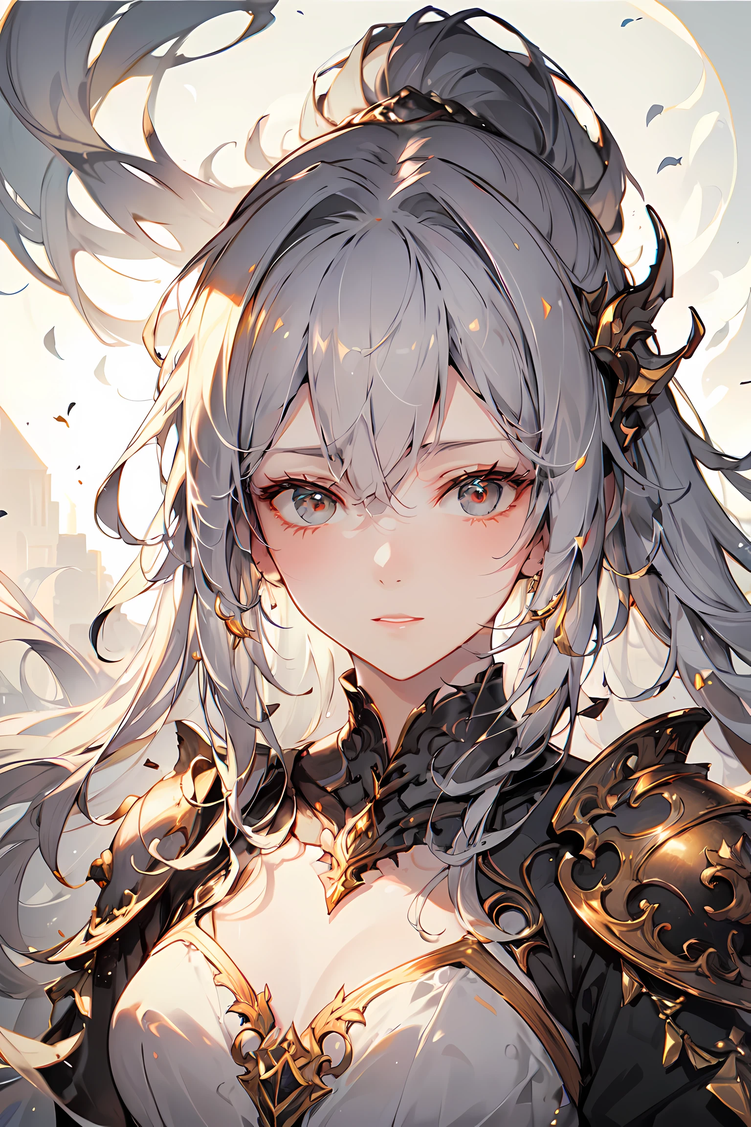 best quality,ultra-detailed,portraits,light,peaceful,captivating,long white hair,armor,dark background,delicate features,subtle colors,Ethereal Beauty,graceful pose