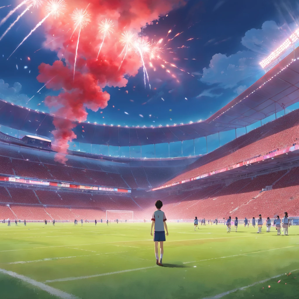 Create a view of the inside of a football field, Un joueur regardant la foule, Drapeaux rouges, Red Smoke Bombs, grand drapeau rouge, nom du stade: Charles Leclerc