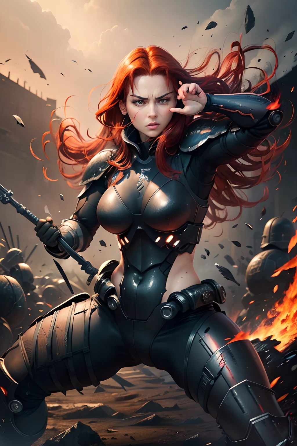 masterpiece, UHD, ((extremely detailed)), ((revealing battle suit:1.3)), (black battle suit:1.2), large beautiful breast, exposed breasts, ((sharp jawline)), ((serious expression)), (extremely detailed face), battle stance, weapons in hands, ((clear hands)), ((detailed hands)), (holding weapon in hands), ((battle stance pose:1.3)), (war background:1.2), war going on in the background, ((detailed soldier:1.2)), looking at the viewer, front view, historical, dynamic pose, (dynamic battle stance), sole girl, 1girl, ((exposed cleavage)), red hair, red beautiful hair, detailed red hair