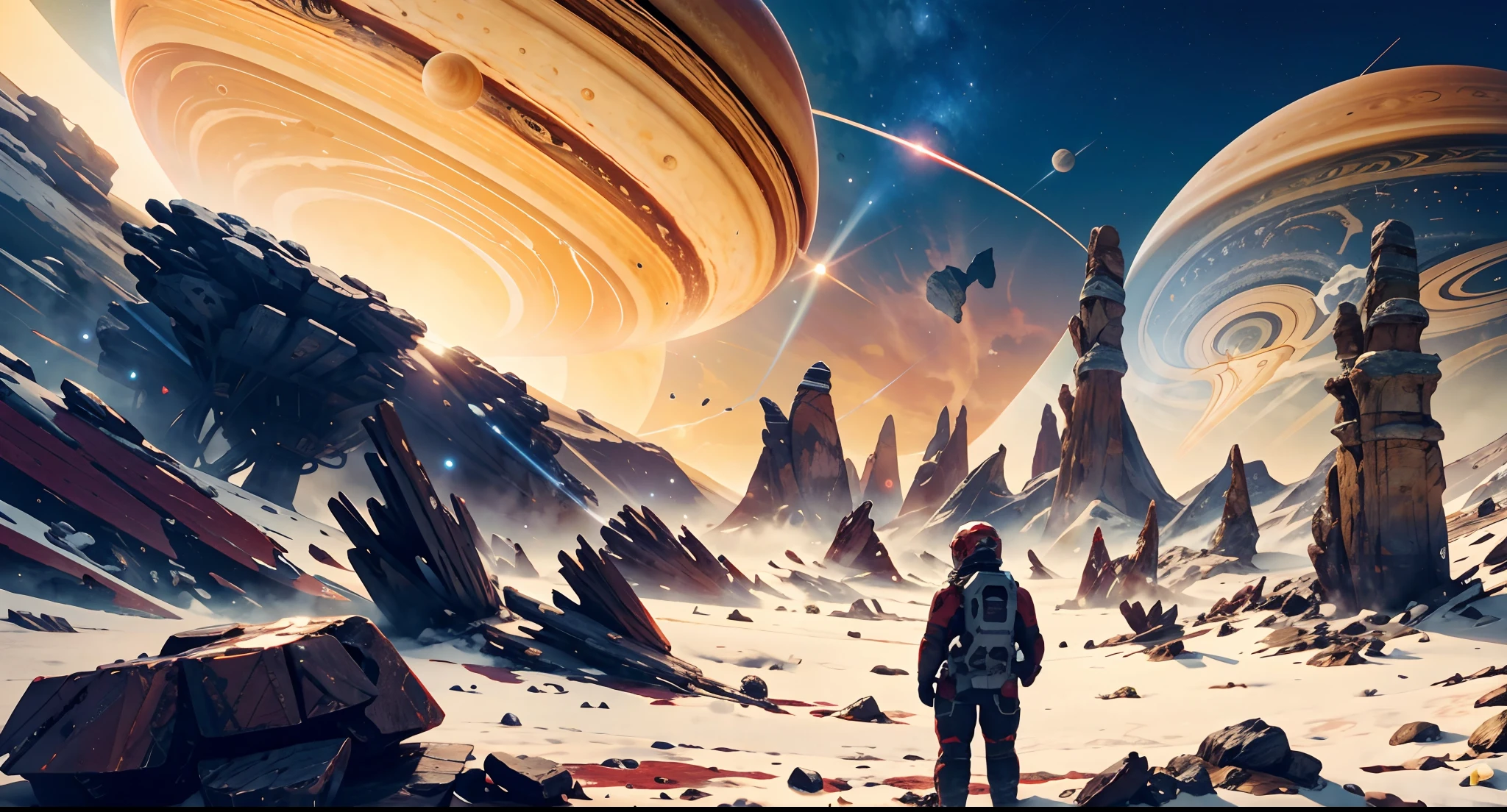 Alien Planet with Red Sky, red skies, Firmamento escarlate, Alien Surfice, montanhas, Starry sky with asteroids, Stars in the sky, Saturn in the sky,