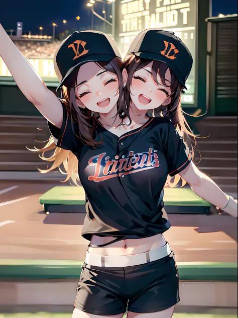 (masterpiece, best quality), best resolution, (2heads:1.5), 1girl, brown hair, brown eyes, eyes closed, baseball caps, open mout...
