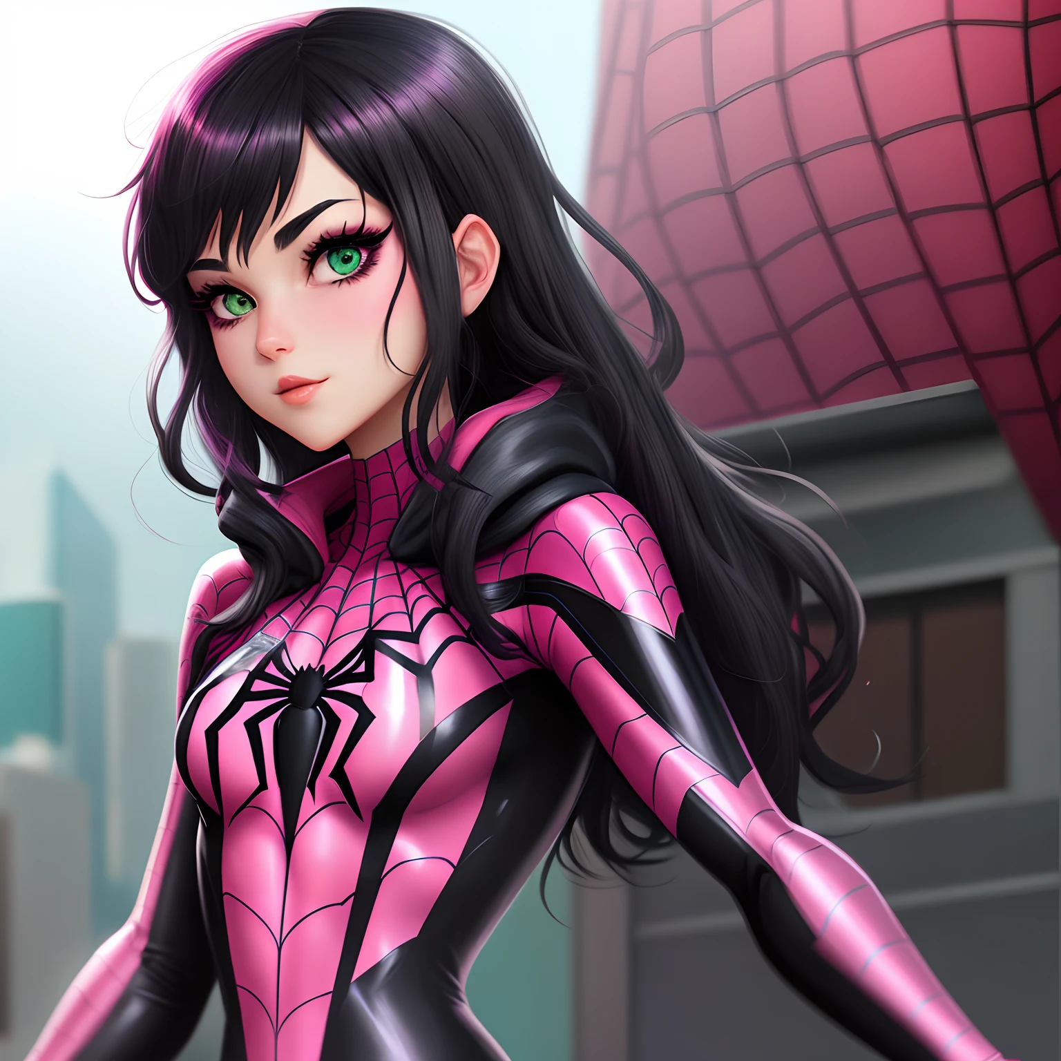 Spider - woman in a pink and black suit standing in front of a city -  SeaArt AI