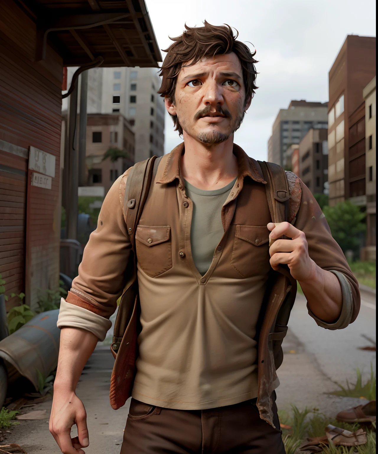 1 chico,hombre (pedro pascal:1.10),interpretando a Joel Miller,El último de nosotros,(Ojos cafés:1.35),(obra maestra:1.10),(mejor calidad:1.10),secuencia de imágenes de algo ó alguien en movimiento,iluminación cinematográfica,Fondo abandonado cubierto de maleza,absurdos