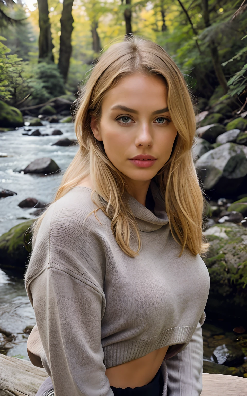 photorealistic, best quality, hyper detailed, beautiful blonde hair woman, brown eyes, big bra, colorful outfit, upper body, wearing pullover, bathroom, (cheerful, shy), sleeping bag, sweater, forest, rocks, river, wood, smoke, fog, clear sky, looking at viewer, skin texture, close up, ultra high res, RAW, instagram LUT, pose