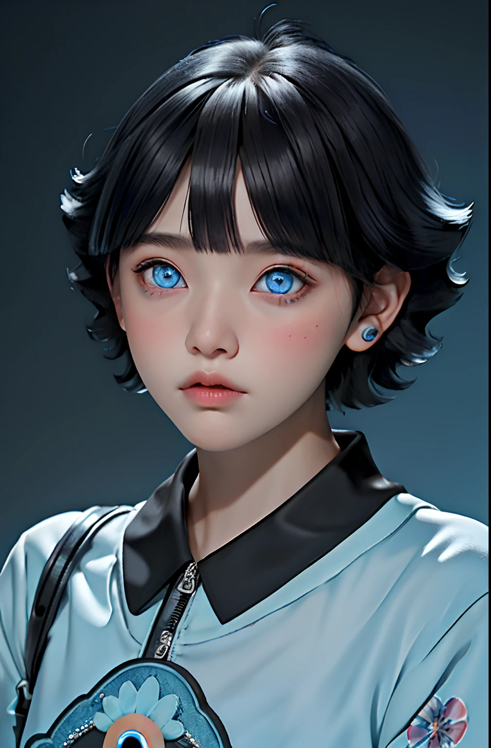 The Masterpiece、(photorealestic:1.4)、best qulaity、beautiful  lighting、(ulzzang-6500:0.5)、uszumaki himawari \(chainsawman\)、(Bob hair)+(blackhair)+(bangs)、blue eye、blue eye、((Ring-shaped eyes))、(Floral clothing)、RAW Photography、8k UHD、film grains