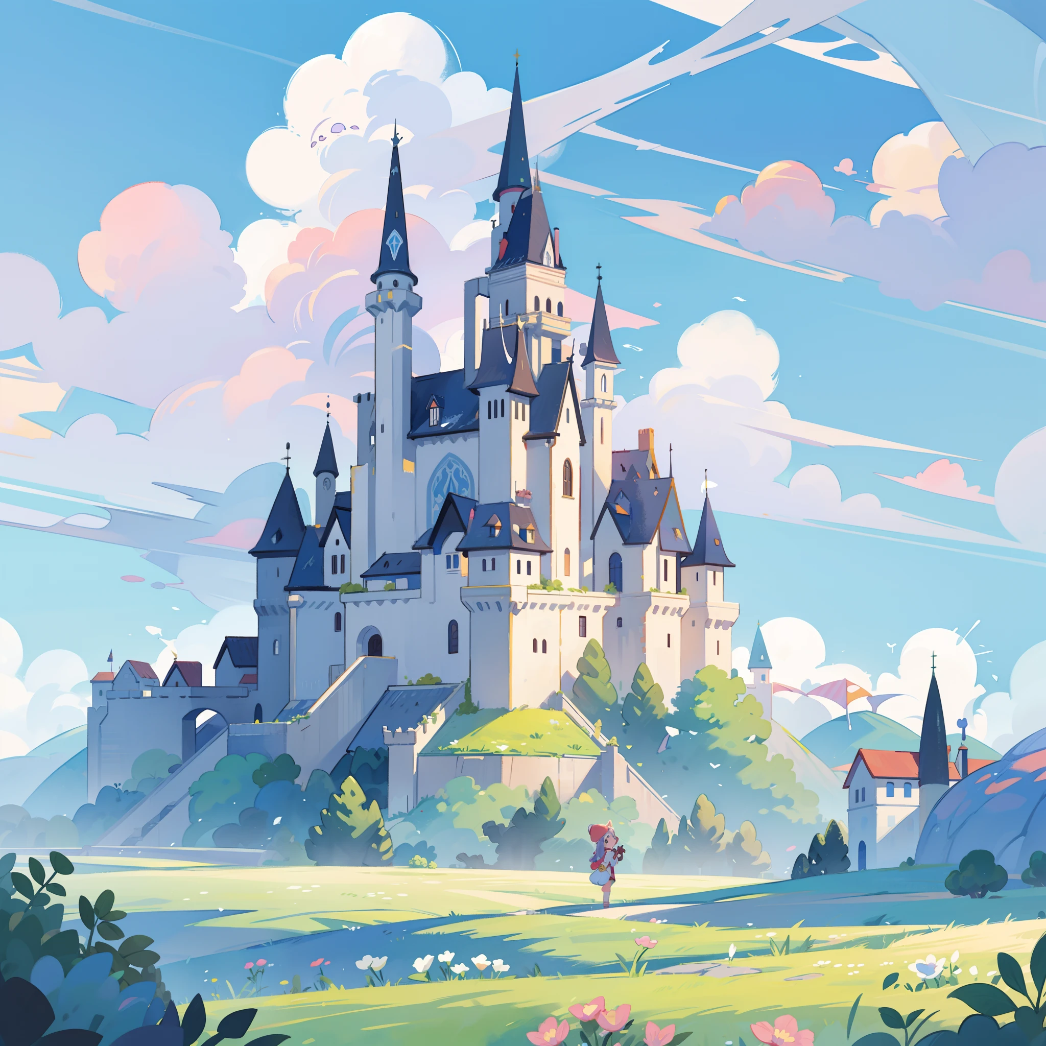 picture book illustration, watercolor storybook illustration, princess castle, fairytale castle, fairytale towers, clouds, vibrant pastel colors, dream, colorful, whimsical, magical, masterpiece, best quality, sharp focus, intricately detailed environment, fine detail, 8k resolution