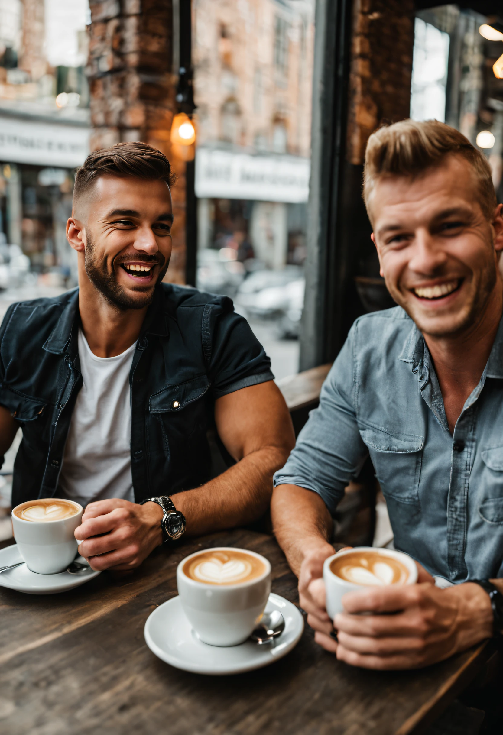 Two men sitting at a table with cups of coffee - SeaArt AI