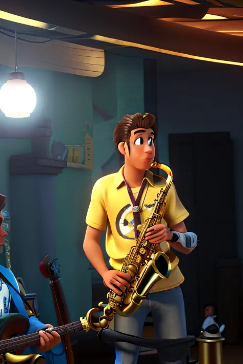 homem branco, cabelo curto, alto, Skinny playing 'gleaming' golden saxophone