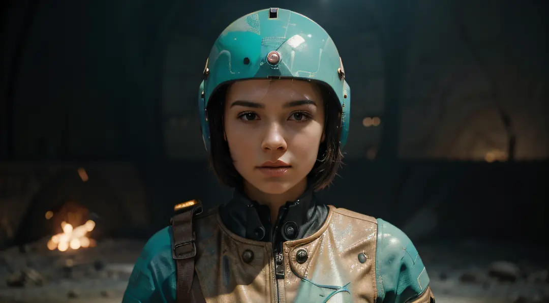 A Robot Girl with helmet and the Rocketeer style, tongs in hands, Tv head, pinhead, Black and Yellow Pink Cyan Rusty, Ambient in a meteorite crater super detailed, center, beautiful, soft lighting, focused on the character, 4K resolution, photorealistic re...