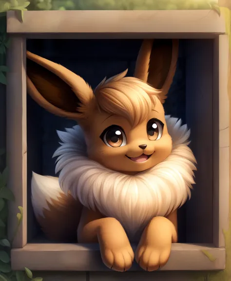 pokekid, eevee, fluffy girl, furry girl, female, smile, smiling, has a big pretty bow in her hair, has animal paws for hands, 1girl, best quality, outdoors, high definition, cute, stuck in wall