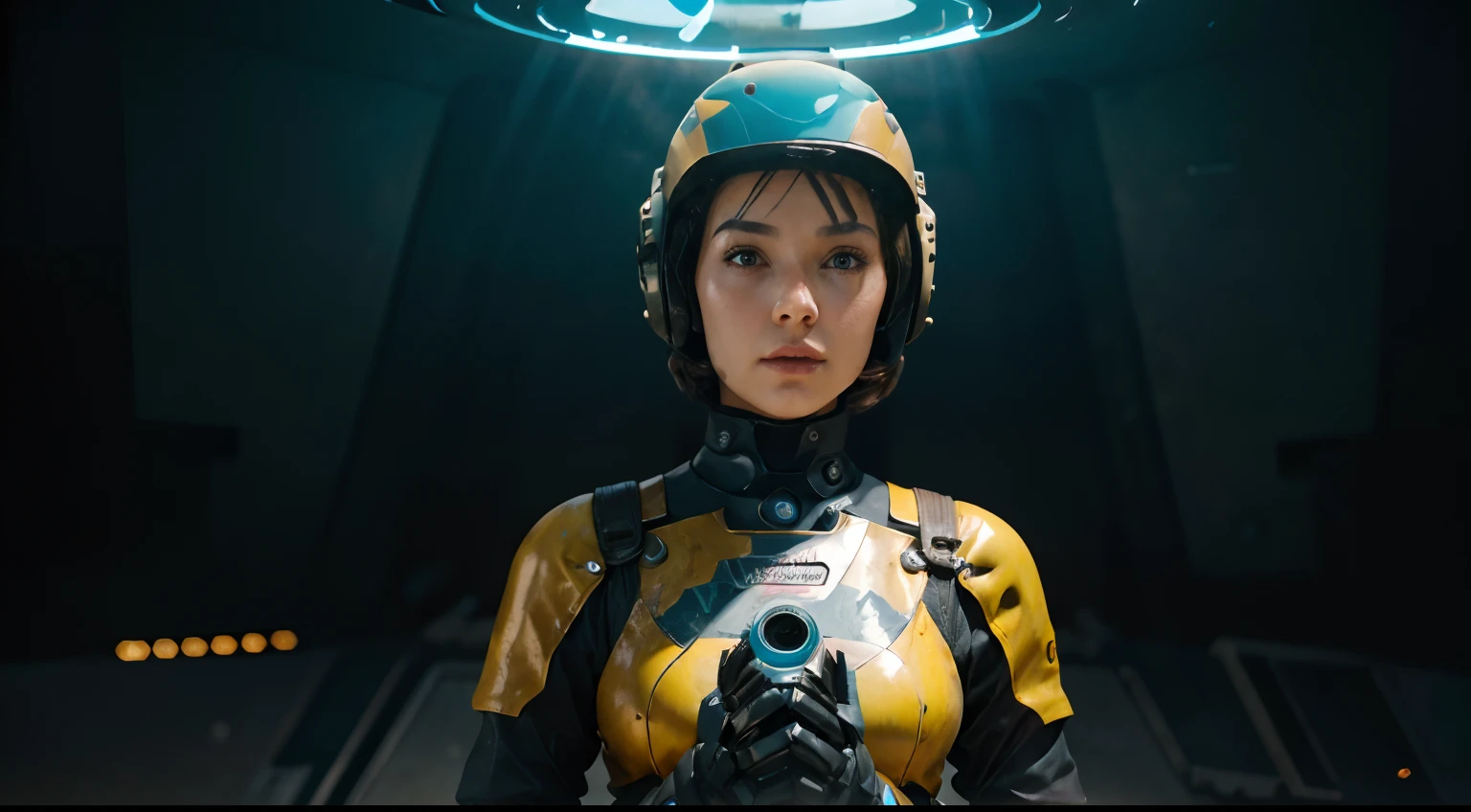 A Robot Girl with helmet and the Rocketeer style, tongs in hands, Tv head, pinhead, Black and Yellow Pink Cyan Rusty, Ambient in a meteorite crater super detailed, center, beautiful, soft lighting, focused on the character, 4K resolution, photorealistic rendering.