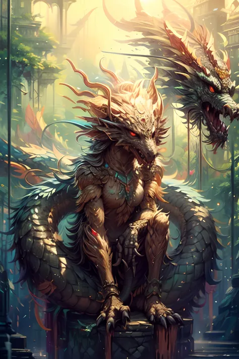 a painting of a dragon with a long tail, mythical creature, symmetrical epic fantasy art, detailed fantasy digital art, detailed...