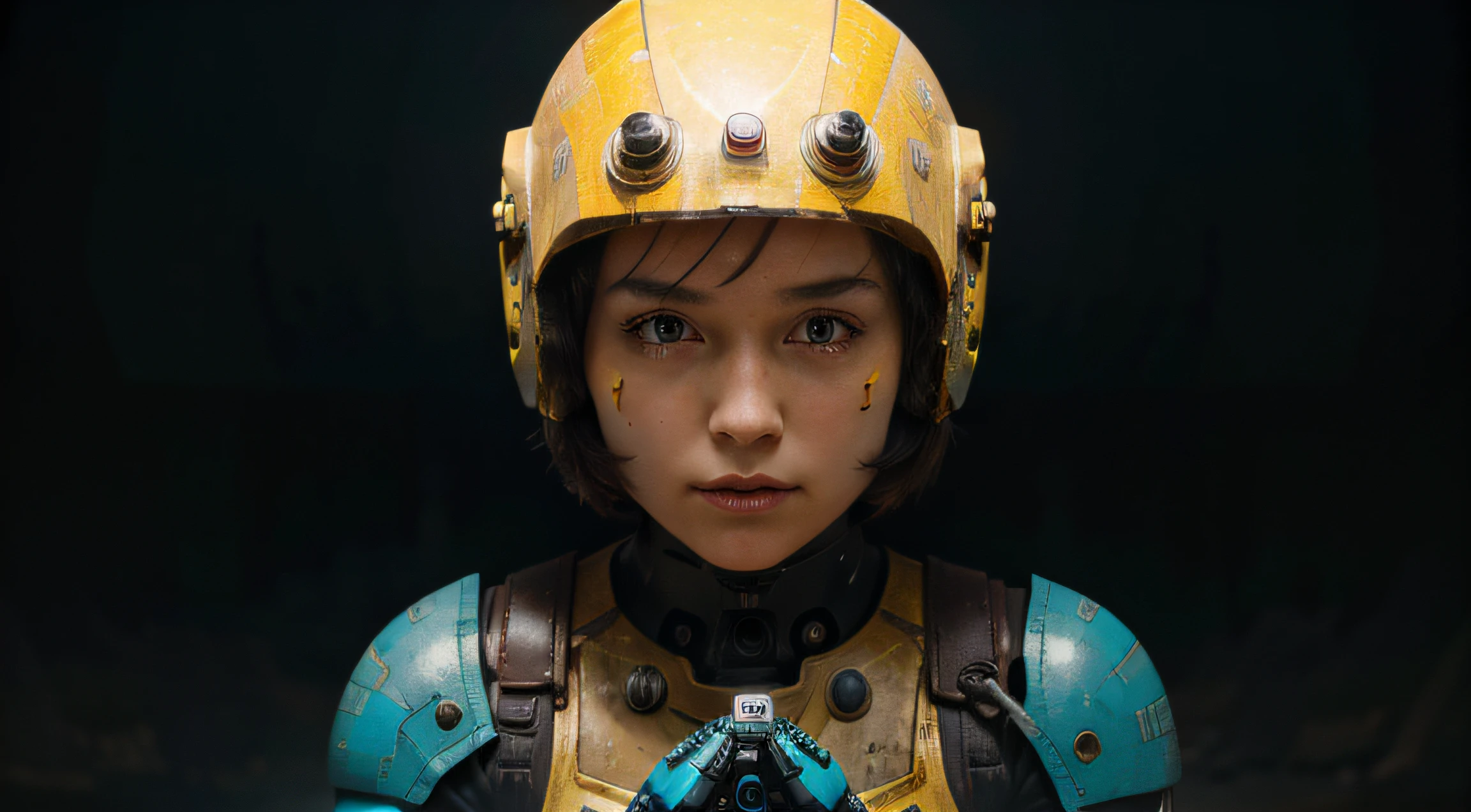 A Robot Girl with helmet and the Rocketeer style, tongs in hands, Tv head, pinhead, Black and Yellow Pink Cyan Rusty, Ambient in a meteorite crater super detailed, center, beautiful, soft lighting, focused on the character, 4K resolution, photorealistic rendering.