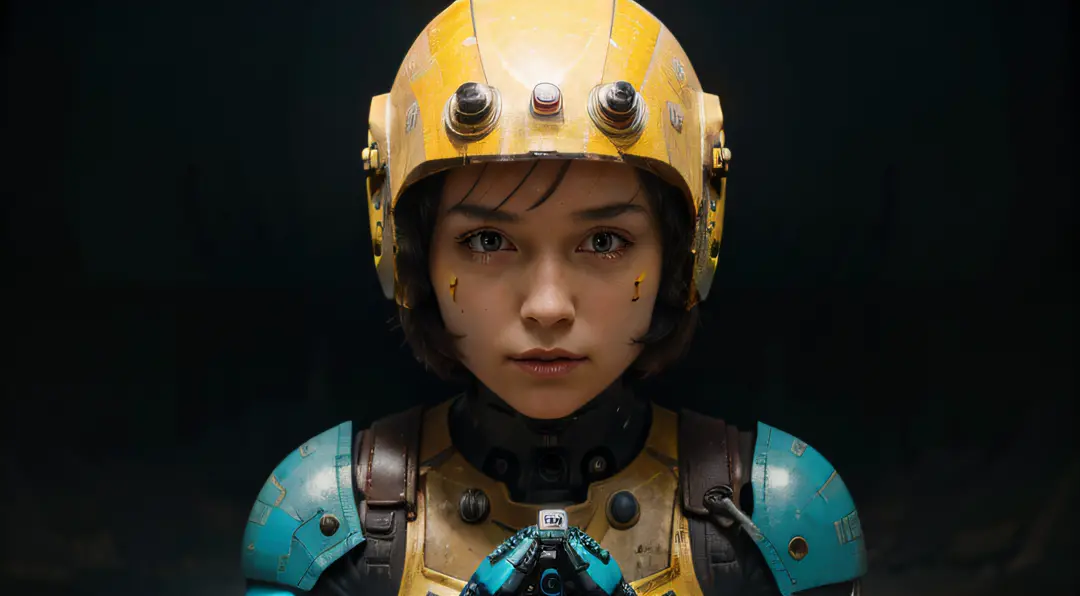 A Robot Girl with helmet and the Rocketeer style, tongs in hands, Tv head, pinhead, Black and Yellow Pink Cyan Rusty, Ambient in...
