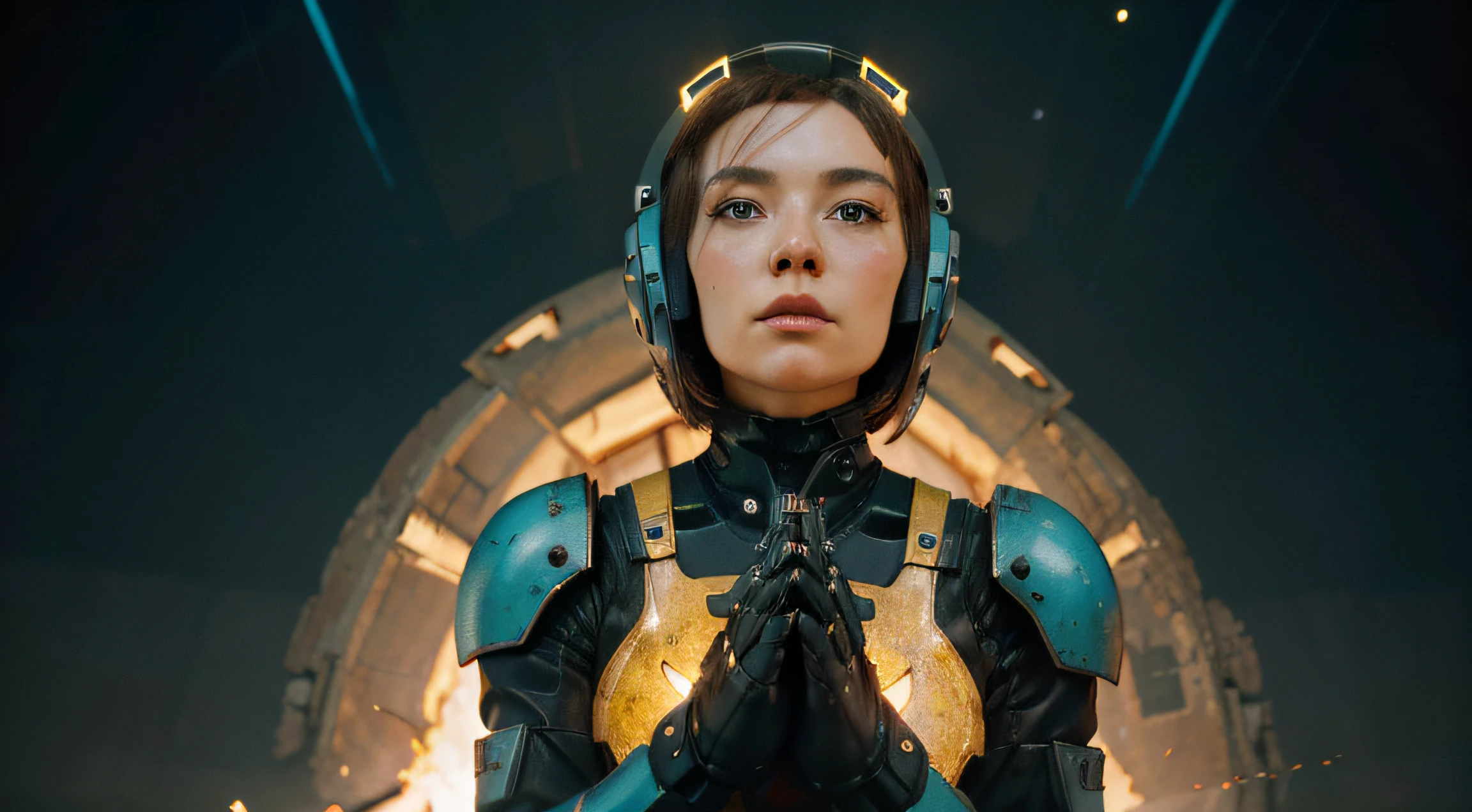 A Robot Girl with helmet and the Rocketeer style, tongs in hands, Tv head, pinhead, Black and Yellow Pink Cyan Rusty, Ambient in a meteorite crater super detailed, center, beautiful, soft lighting, focused on the character, 4K resolution, photorealistic rendering.