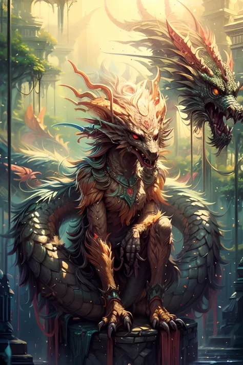 a painting of a dragon with a long tail, mythical creature, symmetrical epic fantasy art, detailed fantasy digital art, detailed...