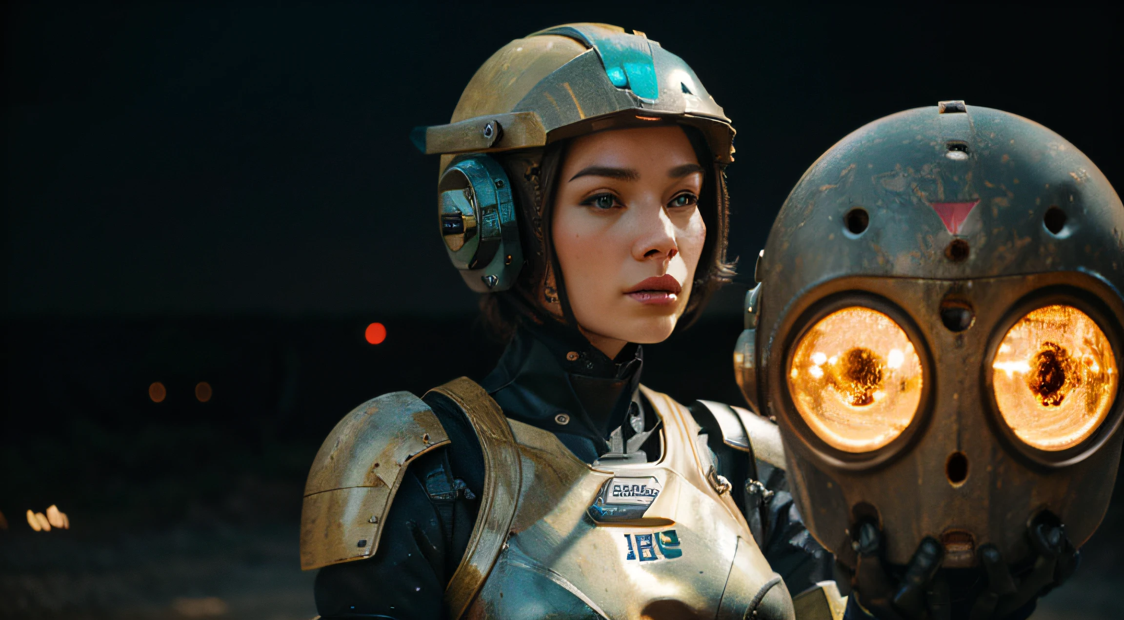 A Robot sexy Girl with helmet and the Rocketeer style, tongs in hands, Tv head, pinhead, Black and Yellow Pink Cyan Rusty, Ambient in a meteorite crater super detailed, center, beautiful, soft lighting, focused on the character, 4K resolution, photorealistic rendering.