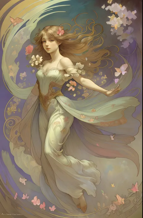 the chaos, Elegant, Vivid colors, fine art:Alfons Mucha, Atmospheric, girl with, Elegant, butterflys, blooming flowers, In motio...