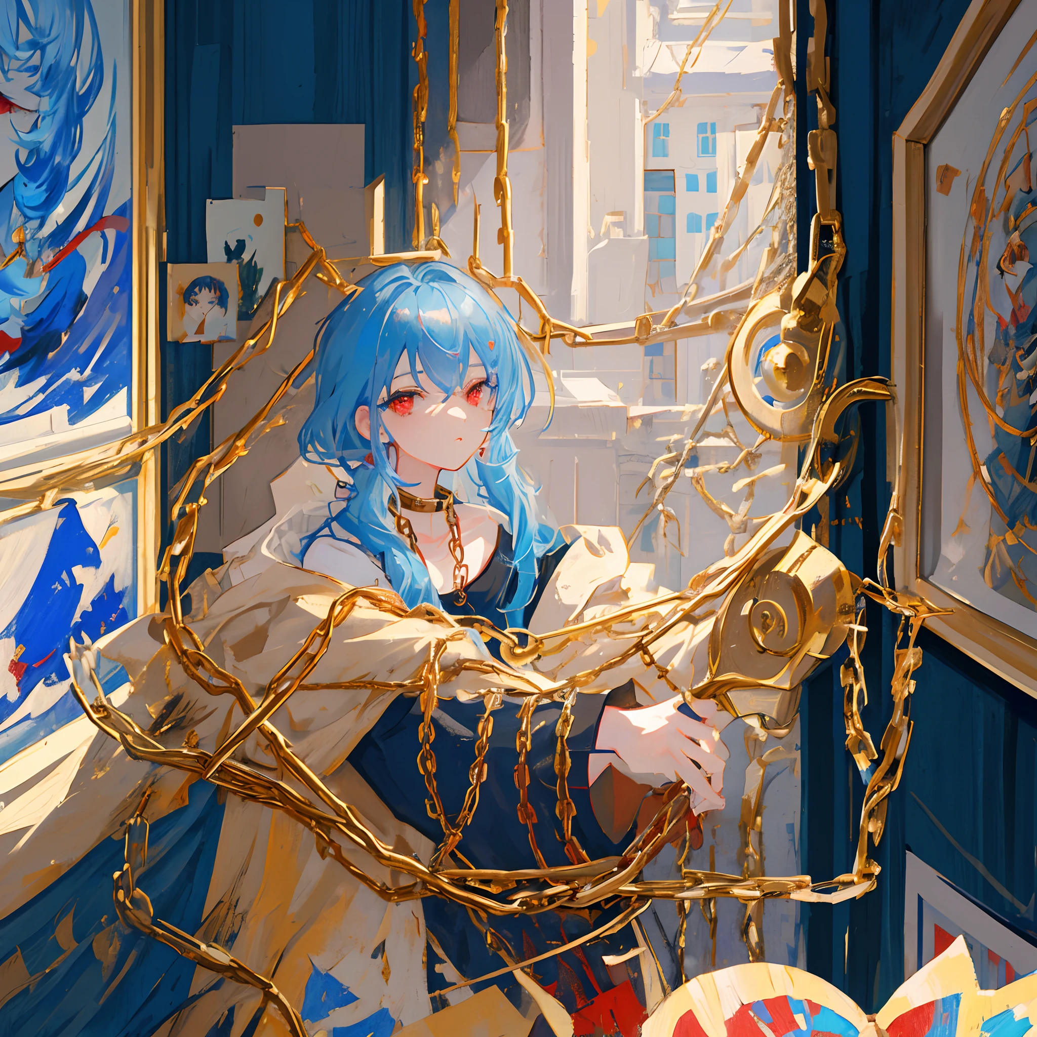 1 girl, close-up, room with paintings on the walls (portraits), long light blue hair, red eyes, gold chains, upper body, looks at viewer, detailed, looking straight forward, hands not visible