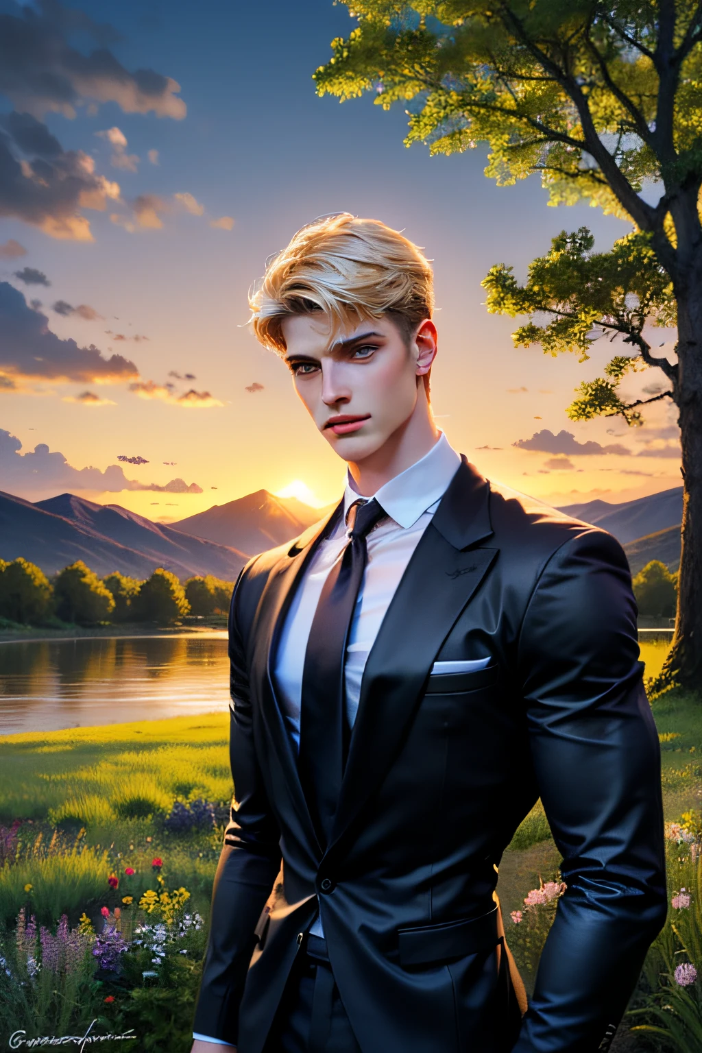 (best quality,4k,8k,highres,masterpiece:1.2),ultra-detailed,(realistic,photorealistic,photo-realistic:1.37),charming,striking,impressive 20 year old blonde man with godlike appearance and captivating blue eyes, strong and well-defined facial features, extremely symmetrical face, perfect hair, immaculate beard, chiseled jawline, broad shoulders, postured like a Greek statue, dressed in elegant and tailored clothing, standing amidst a scenic landscape with a glorious sunset, radiant natural lighting casting ethereal glow on his pale skin, surrounded by blooming flowers and lush greenery, exuding an aura of strength, confidence, and timeless beauty. The picture has a classical art feel, reminiscent of Renaissance portraits, with rich colors and meticulous attention to detail.