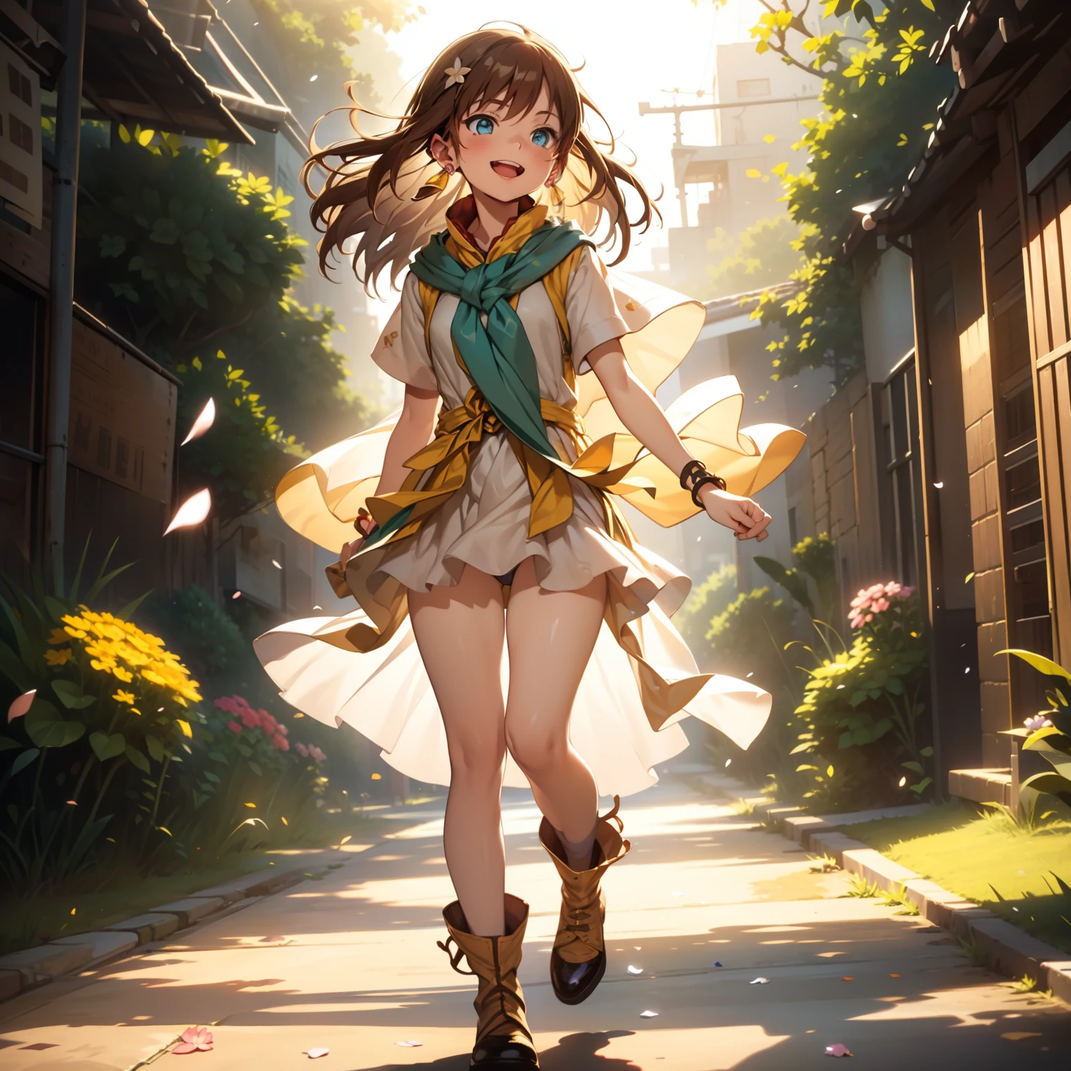 solo, pure happiness, Ultra-detailed, (Realistic, Photorealistic:1.0), vibrant colors, (lonesome desert landscape background), sand dunes, falling petals, cute lonely selfish 1girl princess, holding a bouquet of flowers, running, laughing, XD, flat chest, skinny, very thin legs, thigh gap, ((young)), yellow school outfit, silky arm warmers, short skirt, fishnets, high heeled boots, blue scarf, brown hair, luxurious jewelries, necklaces, pendants, bracelets, earrings, tiara, (glowing shiny magical blue eyes), looking down at viewer, seen from below, hair ribbon, hair flower, depth of field, cinematic lighting, bokeh, masterpiece, anatomically correct