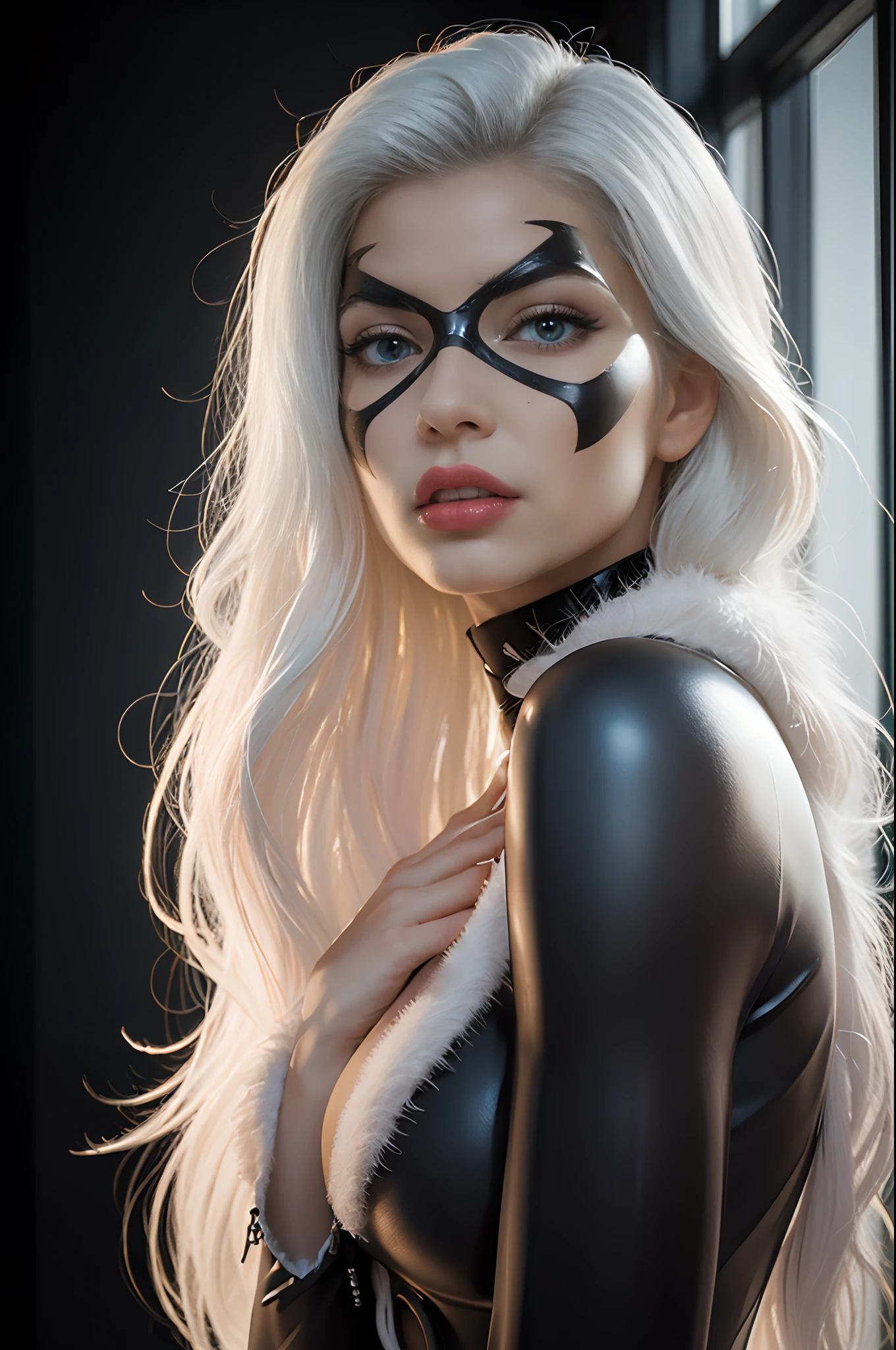 black cat,beautiful face,protruding breasts,white long hair,detailed fur texture,sharp focus,piercing eyes,intense gaze,delicate whiskers,elegant posture,mysterious aura,high contrast,soft shadows,vibrant colors,artistic rendering,realistic painting style,nighttime scenery,moonlight illumination,sleek physique,graceful movements,curved tail,intense expression,hidden secrets,mesmerizing presence,attention to details,photorealistic details,subtle highlights,darker tones,alluring beauty,sleek and shiny coat, frame,playful yet mysterious,engaging personality,intense connection,strong visual impact,stunning artwork,professional composition,high-resolution masterpiece,attention-grabbing,eye-catching composition,provocative and alluring,expressive and captivating gaze, platinum white hair, black mask