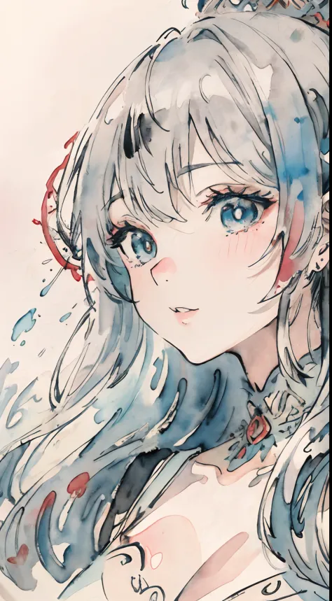 (top-quality)、(masuter piece:1.2)、(colourfull:0.9)、(Ink splash)、(Color splash)、((watercolor paiting))、Sharp Sharp Focus、(Portrait of the Goddess of Summer:1.5)、Cute look、Classy silver hairstyles、Beautifully detailed face and eyes、finely detailed  eyes and ...