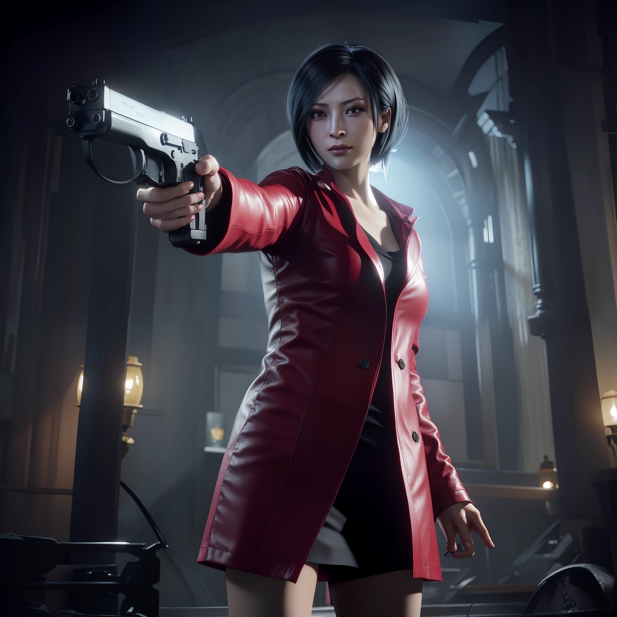 HD, Ada Wong 40 Jahre alt, schönes Gesicht, Betrachter betrachten, sehr lange rote Haare, perfektes Gesicht, schwarze Jeans, roter langer Mantel mit schwarzem Nagellack, freundliches Gesicht, Blendung, Eine Waffe halten