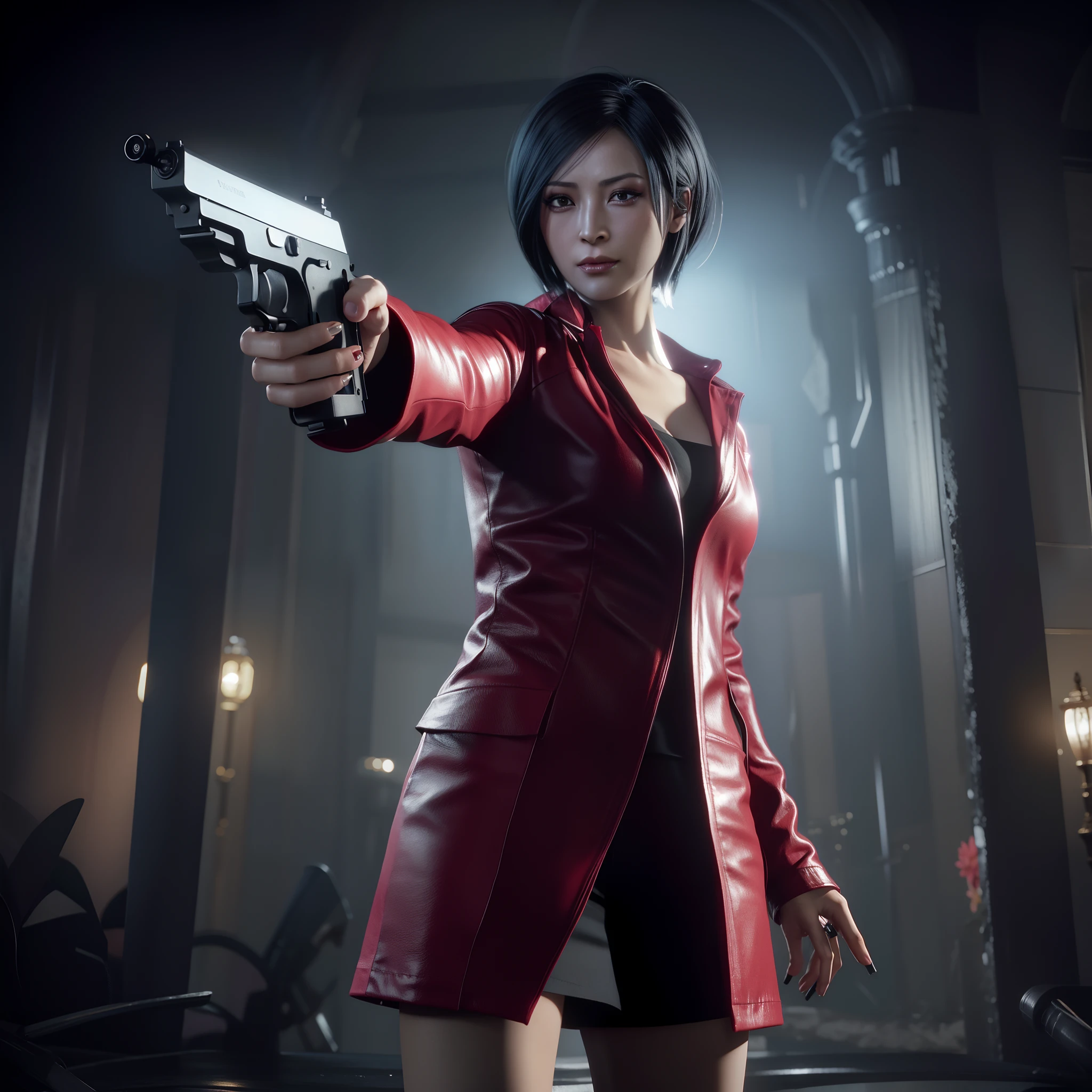 HD, ada wong 40 ans, Beau visage, regarder le spectateur, cheveux roux très longs, visage parfait, Jean noir, manteau long rouge avec vernis à ongles noir, visage amical, éblouissement, Tenir une arme à feu