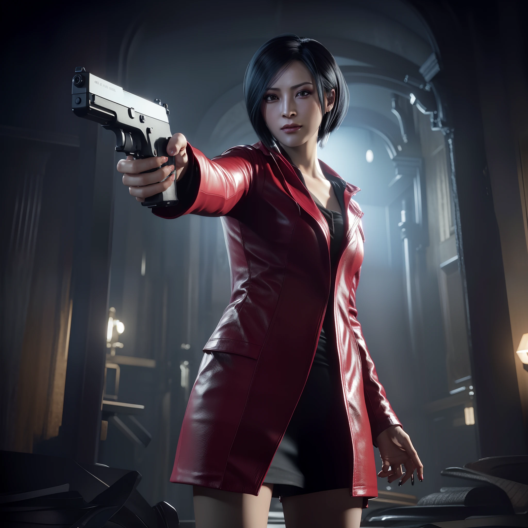 HD, ada wong 40 years old, beautiful face, looking at viewer, very long red hair, perfect Face, black jeans, red long coat with black nail polish, friendly face, glare, holding a gun