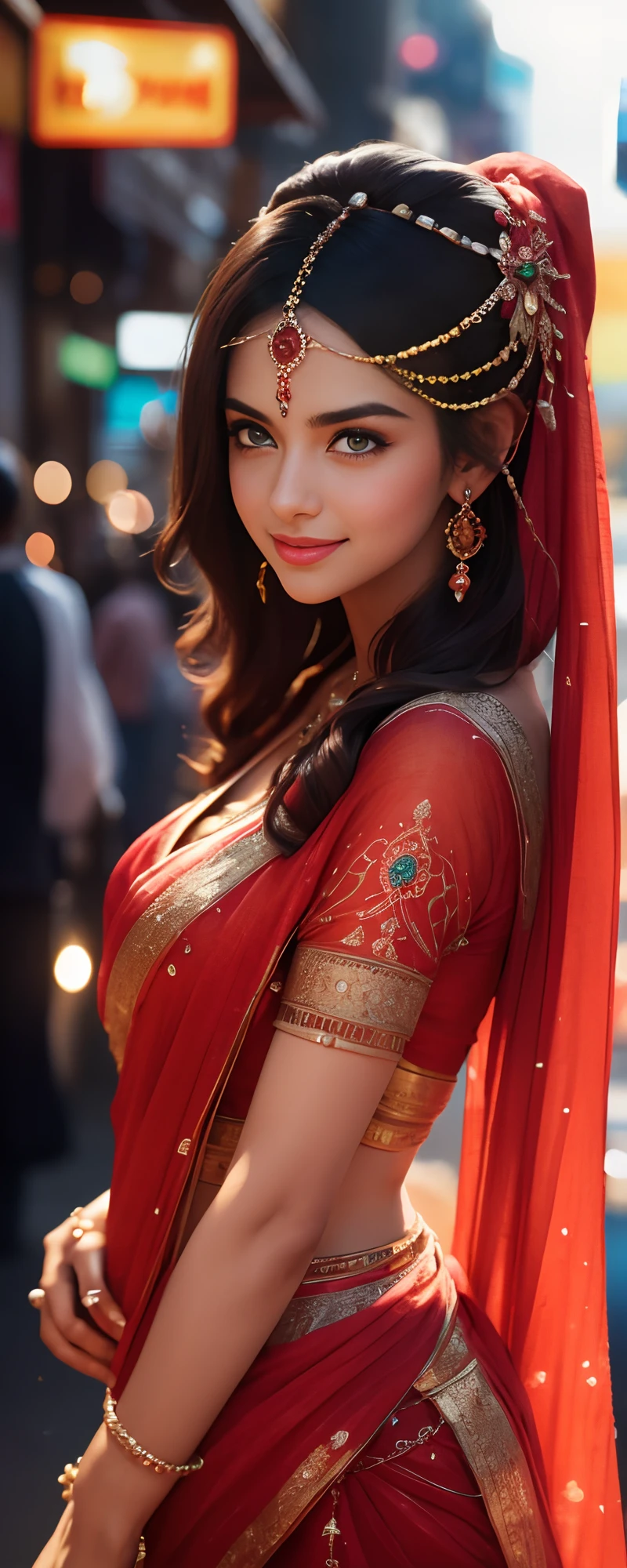 In the bustling streets of a vibrant Indian city, amidst the kaleidoscope of colors and scents, a woman (((Anne Hathaway: Selena Gomez:0.6))) clad in a vibrant red saree and a black blouse becomes an ethereal sight that captivates all who lay eyes upon her. (( huge smiling 0.3)) Her undeniable beauty transcends time and space, leaving onlookers spellbound.

Describe the scene as the woman, with her graceful presence, glides through a crowded marketplace, where merchants and shoppers pause to admire her radiance. The atmosphere is alive with whispers as her mesmerizing allure evokes a sense of awe and admiration.

Embark on a journey to reveal the woman’s story—her name, her background, her passions—and the reasons behind her choice of attire. Explore her persona, intertwining elements of mystery and allure, as people speculate on the secrets hiding behind her enchanting gaze.

Incorporate the sights, sounds, and emotions that surround this extraordinary woman, as she navigates through the city’s vibrant tapestry. Whether it be the scent of freshly ground spices, the distant sound of temple bells, or the intricate henna designs adorning her hands, immerse the reader in the sensory experience of this captivating moment.

As the story unfolds, her path intertwines with that of a curious photographer who becomes determined to capture her undeniable beauty in a single photograph. Describe their encounters, the photographer’s attempts to understand her story, and the profound impact this woman’s presence has on his own life.(Blur Background:1.6), (Blue Hue:0.8), (Auto focus:1.4)