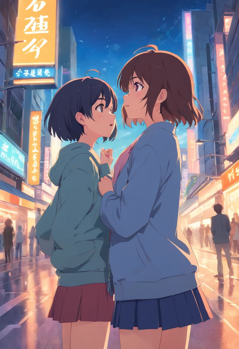 Two young girls in school uniforms kissing in a city street - SeaArt AI