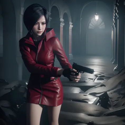 HD, ada wong, beautiful face, bob hair, red long coat with black nail polish,  glare, holding a gun