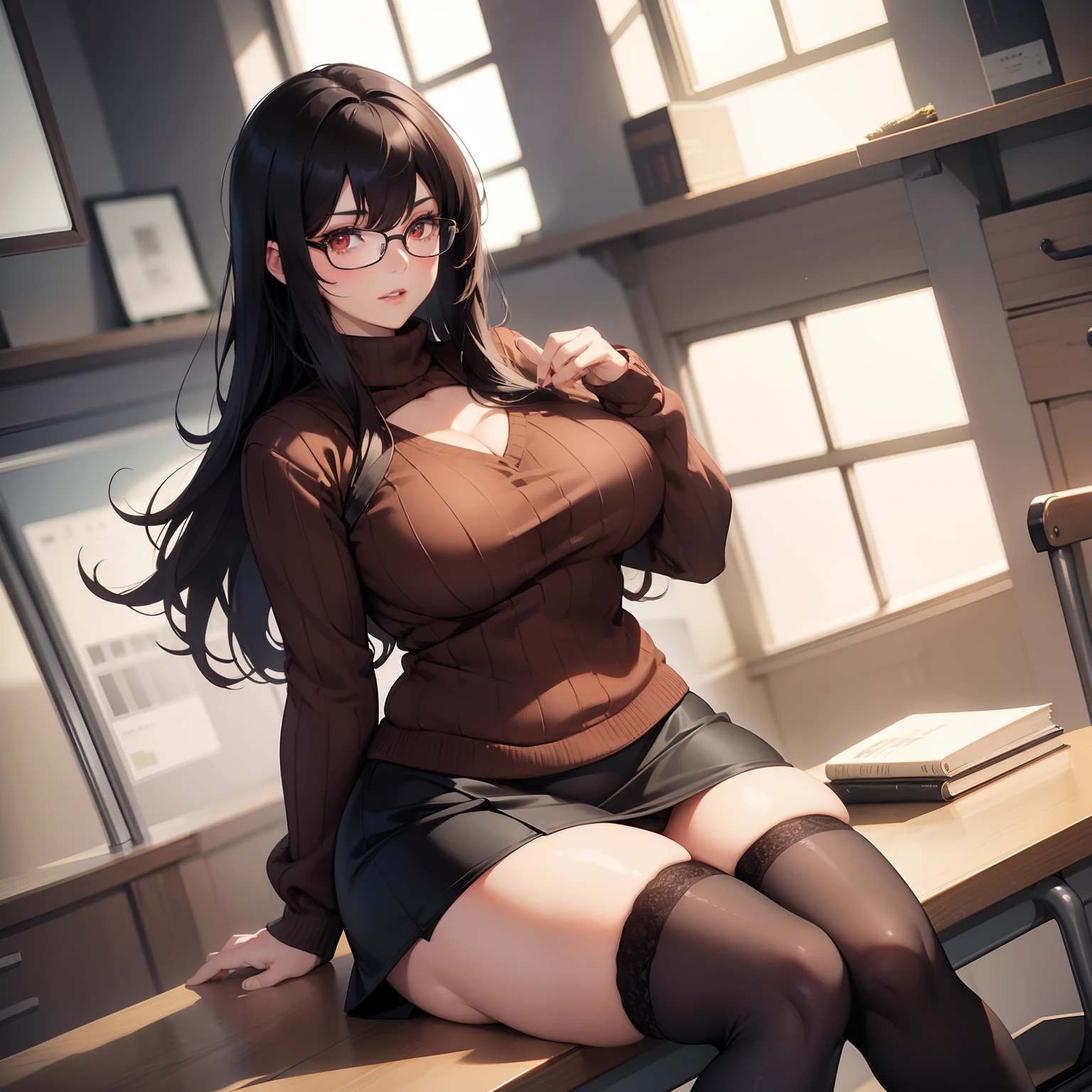 (((Solo))) Woman with long messy spiky black hair and bangs, ((red eyes)), ((wearing a brown sweater)), ((wearing a brown skirt)) character is in a classroom,(mature woman Janet), ((large chest)), curvy hips, long legs, detailed eyes, (((mature woman))), milf, ((full lips)), sparkling eyes, seductive pose, sexy face, (beautiful lighting), beautifu, hands on chest, (glasses), stockings, (chubby), ((curvy)), sitting at a desk
