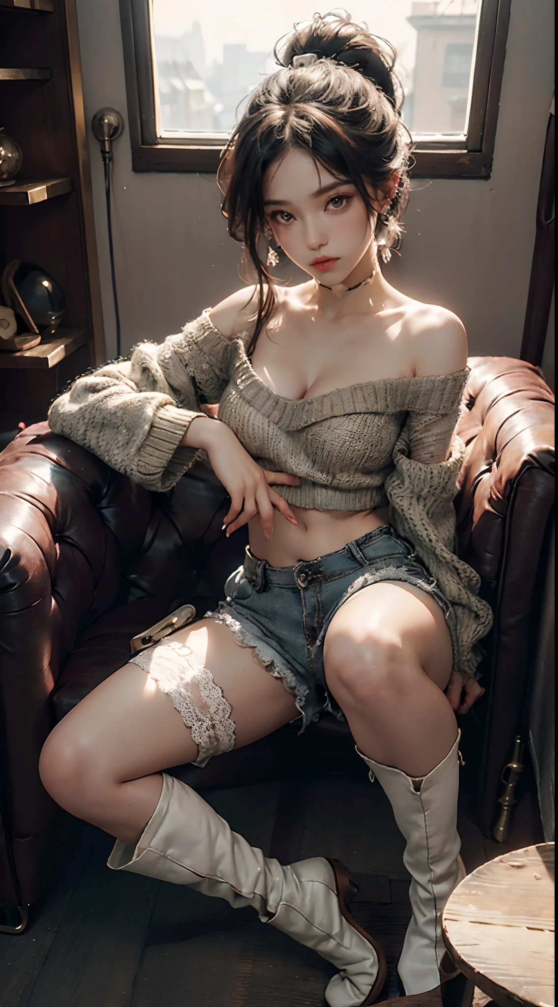 (wearing Random ombre drop shoulder crop sweater, Contrast binding tracker shorts, transparent lace underwear, Over-the-knee block heel boots:1.3), Long Braided Ponytail hair, head and full body, Extremely cute human eighteen year old girl, very beautiful and feminine, short, , beautiful breast, small, busty buttocks, large bust, large breast, cleavage display, flat belly display, detailed eyes, detailed nose, super detailed on face, partial accessory with earring on the ear, very stylish, award-winning product design, tights, Shiny breast top opens at the cleavage and abdomen, stylish, glowing trims, atmospheric perspective, 8k, super detail, Accurate, best quality,