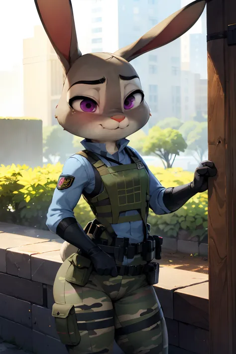 brown military camouflage uniform, tactical plate carrier vest, peaceful garden, lonely girl, Judy Hopps, using a Keffiyeh mask, little body, adorable face, cute expression, perfect anatomy, beautiful scenery, detailed face, best quality, realistic, ultra-detailed, vibrant colors, soft lighting.