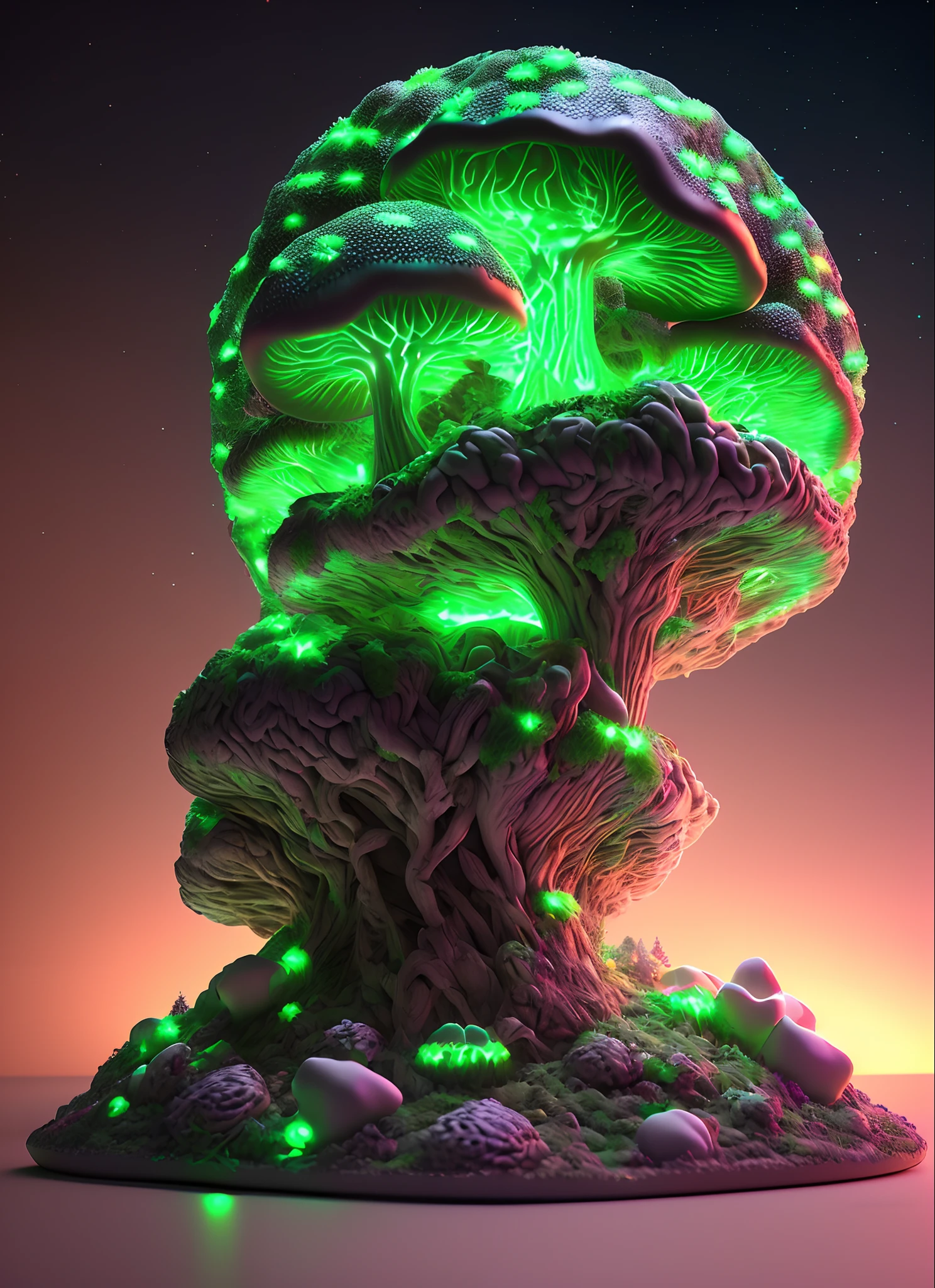 [green|dark|white] brain mountain 3d render realistic, glowing mycelium network, giant green mushroom, glowing portal, neon crystals, octane render, diorama, 8k, dark stary sky