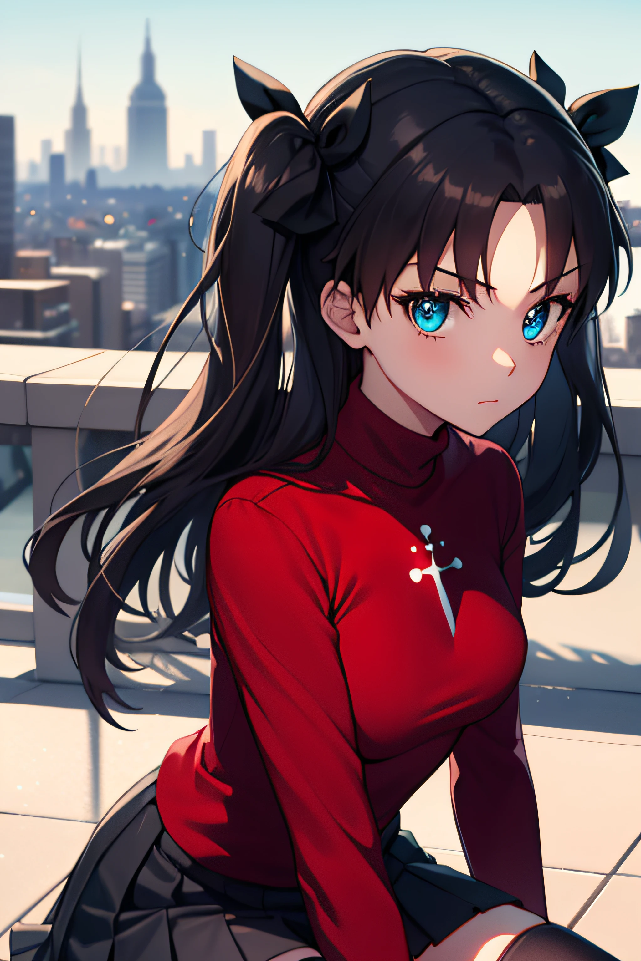 (chef-d&#39;œuvre), meilleure qualité, yeux expressifs, visage parfait, 1fille, seulement, Rintohsaka, Rin Tohsaka, yeux aqua, cheveux noirs, hair ruban, cheveux longs, ruban, serrures latérales, deux côtés vers le haut, black jupe, black hauts de cuisse, manches longues, minijupe, pleated jupe, ((red pull-over)), jupe, pull-over, hauts de cuisse, col roulé, Contexte de la ville, séance, Feuille de personnage, haut du corps, portrait, regarder le spectateur