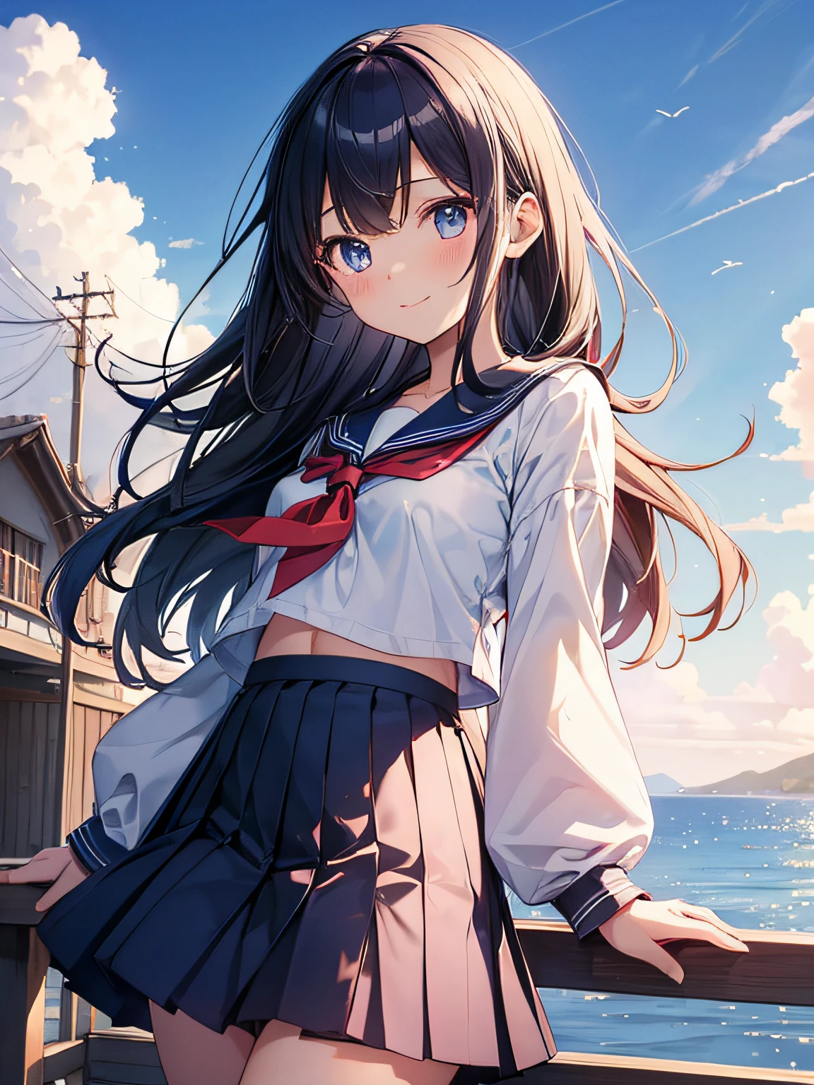 (masutepiece ,Best Quality,Insanely detailed), 1 Cute Pure Girl,Innocent smile,serafuku,Blue collar,Navy pleated skirt,From below,Blue sky,white clouds,Summer sunshine,detailed and beautiful eyes,Twinkle Eyes,Glossy lips,  Perfect Anatomy , Perfect five fingers,Attractive,amazing, The Ultra-Fine Age