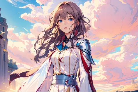 Anime - imagem de estilo de uma mulher em um vestido branco com uma capa vermelha, portrait of a female anime hero, protagonista...