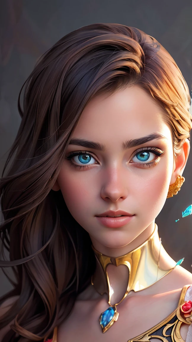 Retrato 8k de um lindo ciborgue com cabelo castanho, Intrincado, elegante, Altamente detalhado, majestoso, Fotografia digital, arte de artgerm e ruan jia e greg rutkowski pintura surreal filigrana de borboleta dourada, vidro quebrado, (obra de arte, iluminação lateral, lindos olhos finamente detalhados: 1.2), HDR,