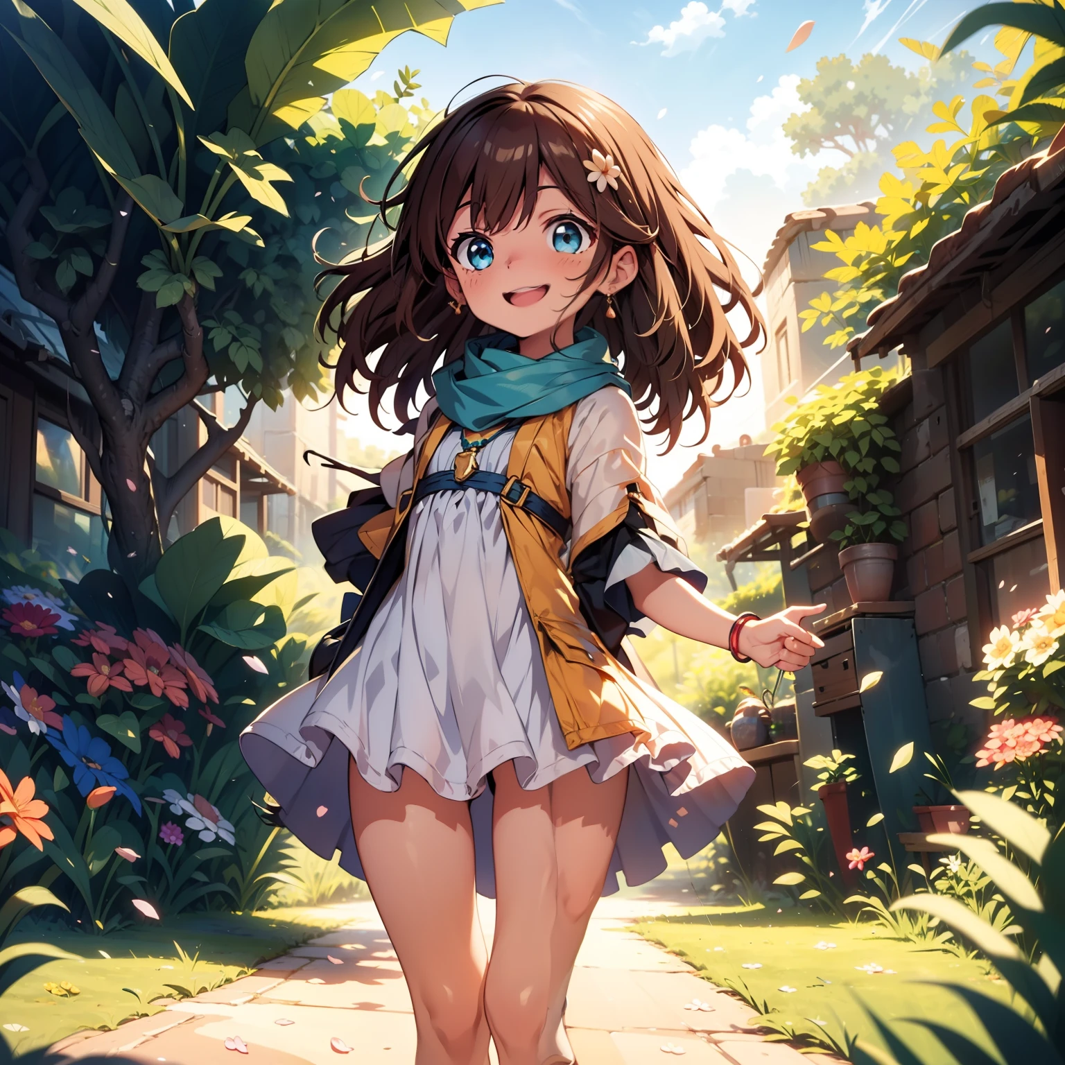 solo, pure happiness, Ultra-detailed, (Realistic, Photorealistic:1.0), vibrant colors, (barren desert background), oasis, sand dunes, falling petals, cute lonely selfish 1girl princess, holding a bouquet of flowers, walking, laughing, XD, flat chest, skinny, very thin legs, thigh gap, ((young)), yellow outfit, silk arm warmers, short skirt, high heeled boots, blue scarf, brown hair, luxurious jewelries, necklaces, pendants, bracelets, earrings, tiara, (glowing shiny magical blue eyes), looking down at viewer, seen from below, hair ribbon, hair flower, depth of field, cinematic lighting, bokeh, masterpiece, anatomically correct