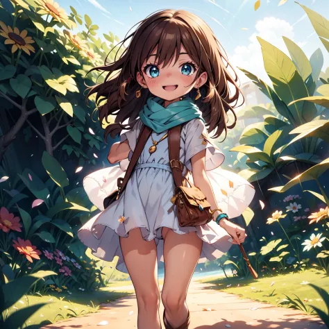 solo, pure happiness, Ultra-detailed, (Realistic, Photorealistic:1.0), vibrant colors, (barren desert background), oasis, sand dunes, falling petals, cute lonely selfish 1girl princess, holding a bouquet of flowers, walking, laughing, XD, flat chest, skinn...