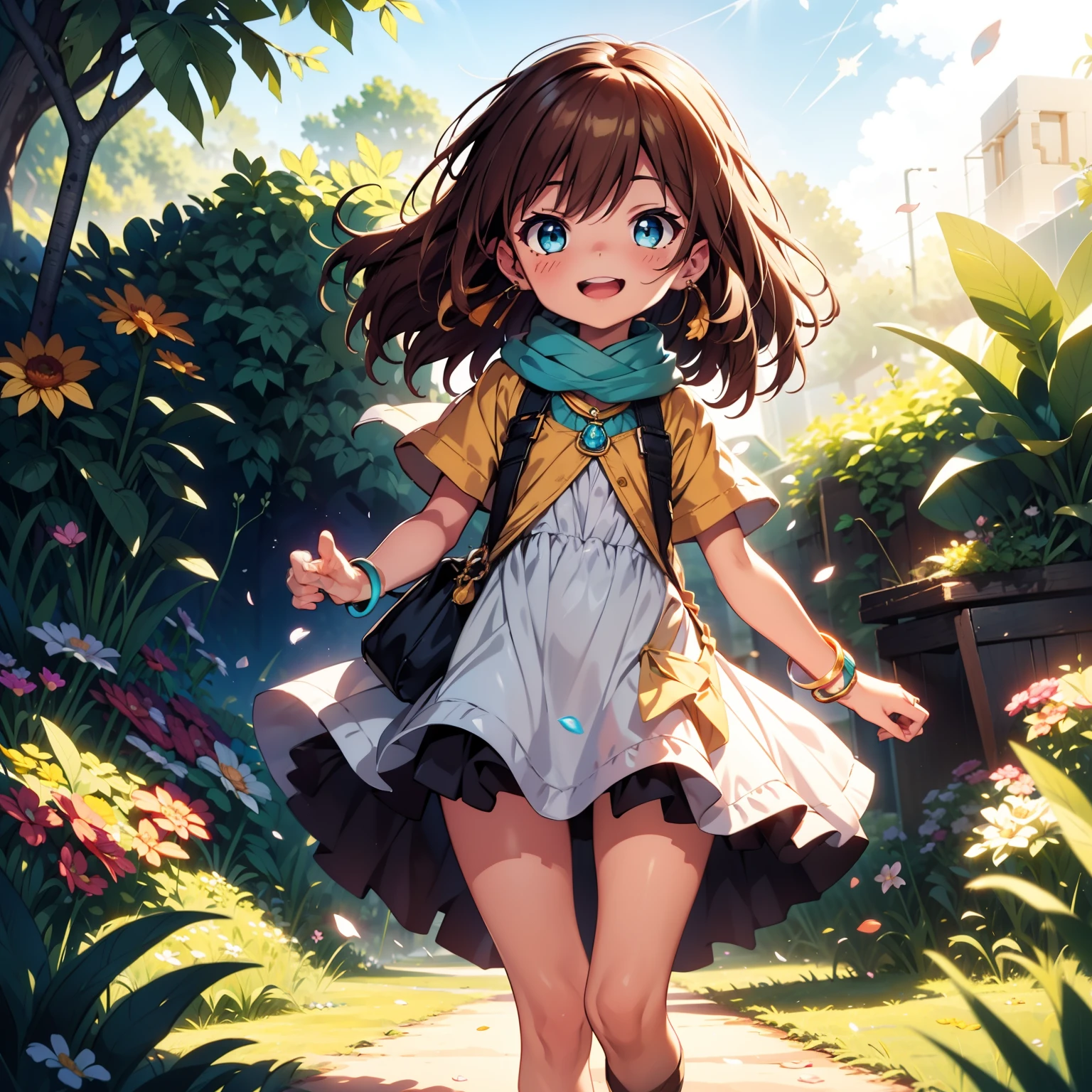 solo, pure happiness, Ultra-detailed, (Realistic, Photorealistic:1.0), vibrant colors, (barren desert background), oasis, sand dunes, falling petals, cute lonely selfish 1girl princess, holding a bouquet of flowers, walking, laughing, XD, flat chest, skinny, very thin legs, thigh gap, ((young)), yellow outfit, silk arm warmers, short skirt, high heeled boots, blue scarf, brown hair, luxurious jewelries, necklaces, pendants, bracelets, earrings, tiara, (glowing shiny magical blue eyes), looking down at viewer, seen from below, hair ribbon, hair flower, depth of field, cinematic lighting, bokeh, masterpiece, anatomically correct