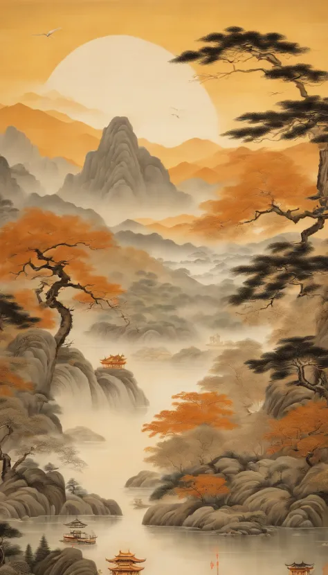An idyllic Chinese mural, Light orange and light gray style, Layered landscape, japanese style art, monumental murals, Ricoh FF-9D, Golden Age aesthetics, Exotic landscape