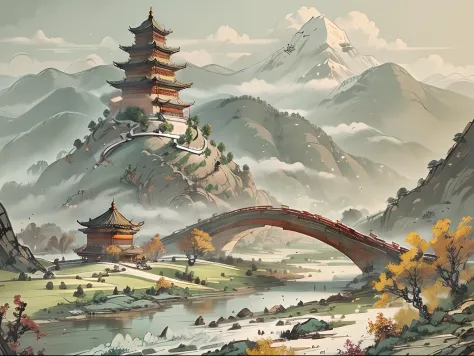 A landscape with mountains and rivers of parchment in the style of ((chino antiguo)) pagoda & Mountains A ((Little Chinese Drago...