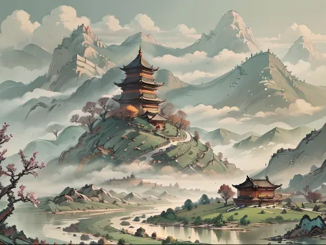 A landscape with mountains and rivers of parchment in the style of ((chino antiguo)) pagoda & Mountains A ((Little Chinese Drago...