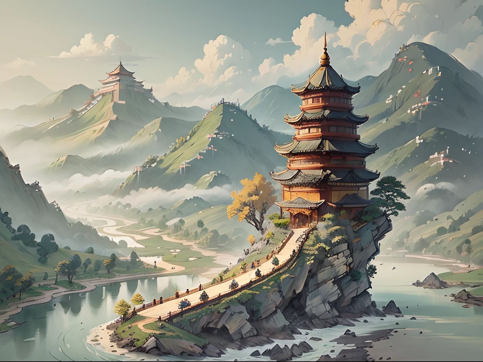 Eine Landschaft mit Bergen und Flüssen aus Pergament im Stil von ((Altchinesisch)) Pagode & Berge A ((Kleiner chinesischer Drache))